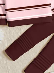 Young Girl Casual Minimalist Retro Style, Striped Bow, Maillard Color Palette, Round Neck Fleece Sweatshirt And Elastic Waist Long Pants Set, Suitable For Autumn/Winter, New Fall Styles, Fall Sets, Pull, Going Out - Multicolor - View 5