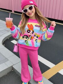 THE POWERPUFF GIRLS X SHEIN 女童彩色條紋卡通印花圓領運動衫 + 純色鬆緊腰喇叭褲套裝，春秋休閒返校運動穿搭 - 玫紅色 - 查看 1