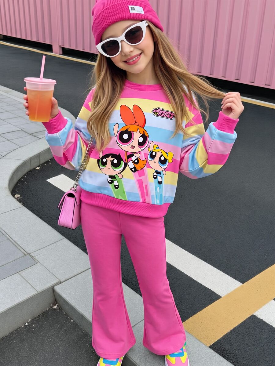 THE POWERPUFF GIRLS X SHEIN 女童彩色條紋卡通印花圓領運動衫 + 純色鬆緊腰喇叭褲套裝,春秋休閒返校運動穿搭 - 玫紅色 - 查看 1