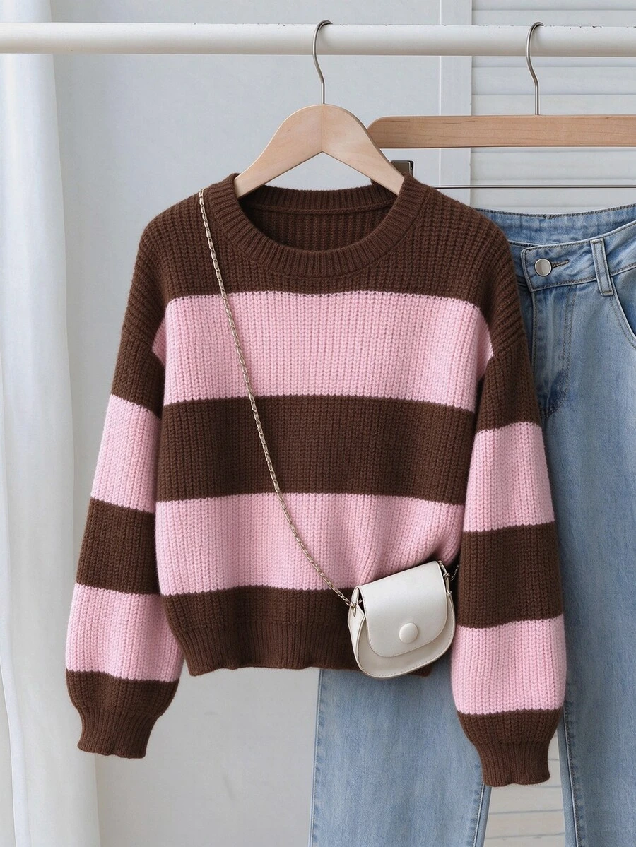 SHEIN 女童長袖粉色漸層條紋圓領套頭毛衣,冬季款 - 彩色 - 查看 1