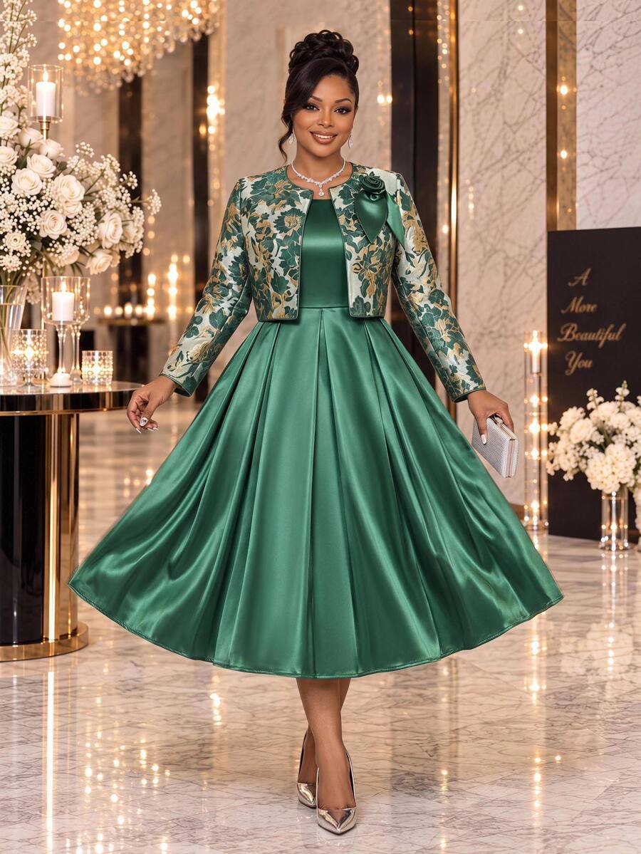 Fleurora طقم نسائي كاجوال من قطعتين مقاس كبير، فستان مطوي بلون موحد مع كارديجان - أخضر - مشاهدة 1
