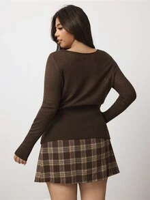 Enliva Plus Size Boat Neck Fitted Waist Sweater For Pear Body - Brown - View 2