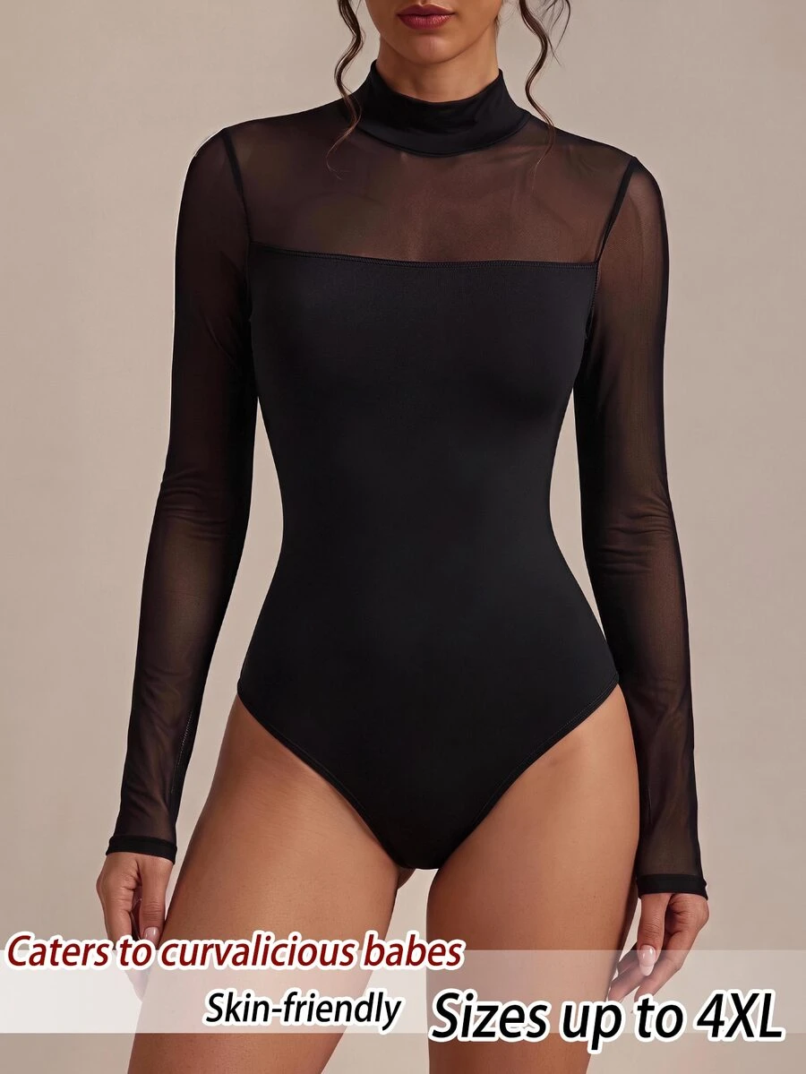 SHEIN BASICS Plus Size Sexy Mesh Patchwork Long Sleeve Bodysuit - Black - View 1