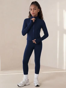 SHEIN Tween Girls 3pcs Set, Black Outfit, Sports Modest Athletic Jacket + Tank Top + Leggings, Autumn, High Stretch Fabric, Gym Active - Navy Blue - View 4