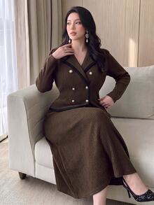 Modelyn Plus Size Vintage Double-Breasted Jacket And Long Skirt 2 Pieces Set - Coffee Brown - View 4