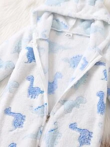 SHEIN 新生兒男嬰/女嬰可愛卡通印花抓絨連帽連腳連身衣，適合秋冬季，室內外穿著 - 彩色 - 查看 8