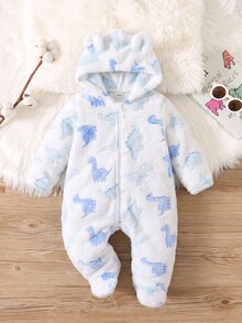 SHEIN 新生兒男嬰/女嬰可愛卡通印花抓絨連帽連腳連身衣，適合秋冬季，室內外穿著 - 彩色 - 查看 6