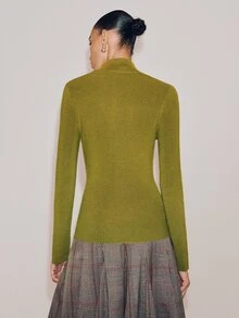 Anewsta Essential Women Elegant Half High Neck Ribbed Knit Pullover, Cross Wrap Side Button Irregular Asymmetrical Hem Slim Fit Long Sleeve Sweater, Autumn Winter Chris - Green - View 2