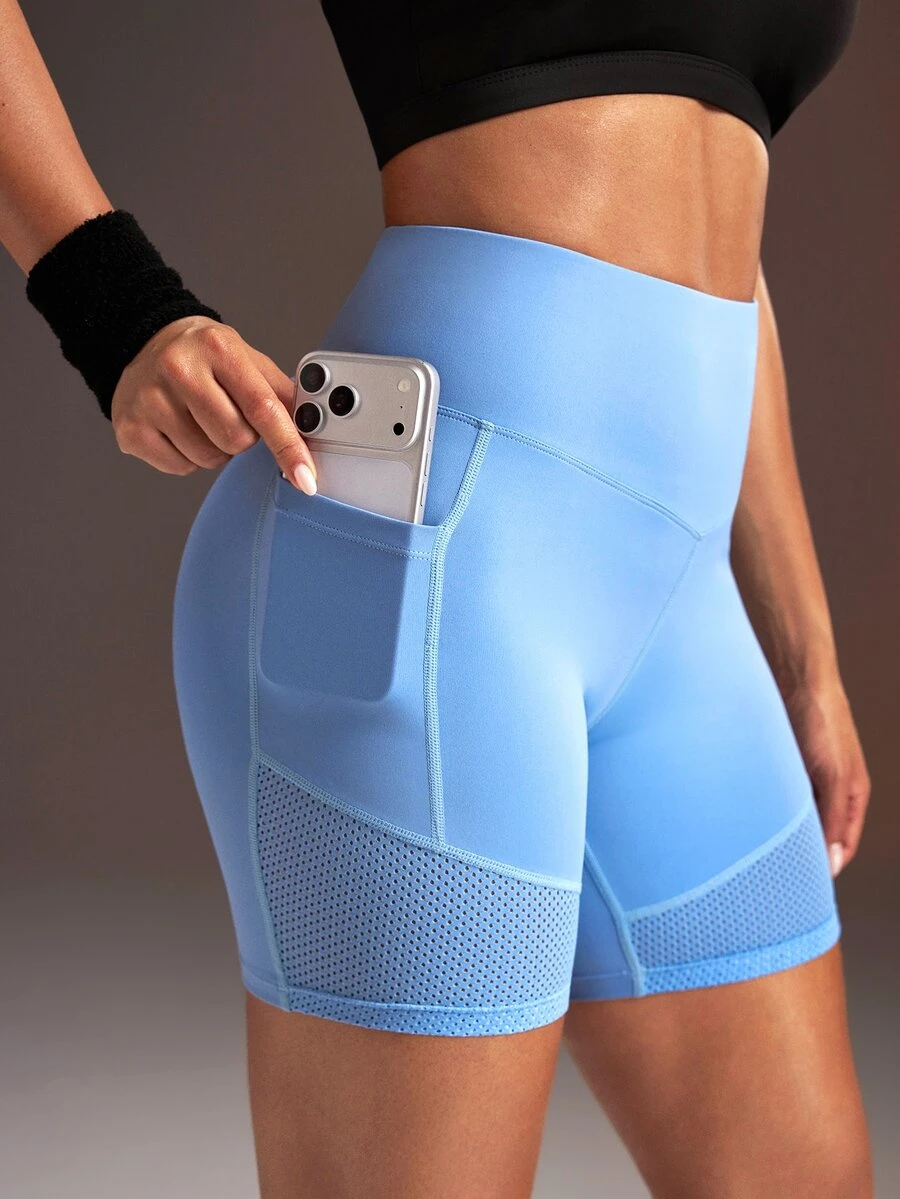 Powerista Women's High Waist Butt Lifting Pocket Sports Shorts - Baby Blue - View 1
