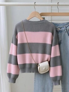 SHEIN Girls' Long Sleeve Pink Gradient Striped Pullover Crew Neck Sweater, Winter - Multicolor - View 7