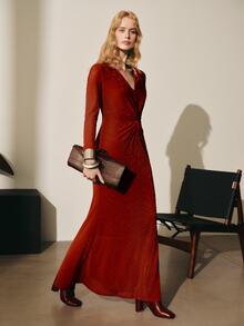 MOTF PREMIUM ELEGANT EXQUISITE RHINESTONE TWISTED V-NECK MID-LENGTH KNIT DRESS - Redwood - View 3