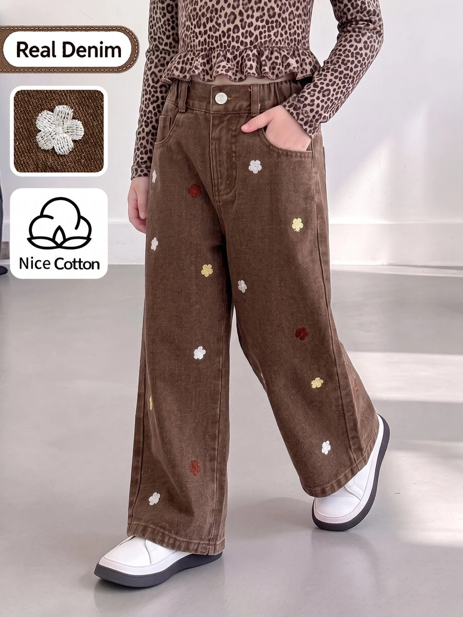 SHEIN 少女花卉刺繡寬腿牛仔褲-休閒棕色丹寧長褲,附鬆緊腰頭與口袋 - 咖啡棕 - 查看 1