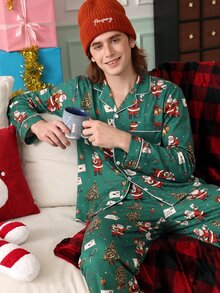 Chillnights 男士聖誕老人印花翻領休閒家居服套裝 - 綠色 - 查看 5
