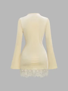 Sweetra Women's Spicy Style Semi-High Neck Flare Sleeve Ruched Bodycon Lace Trim Dress - Apricot - View 3