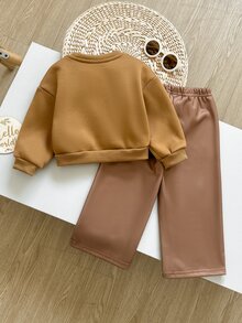 SHEIN 女嬰可愛秋冬休閒花卉圖案運動衫與長褲套裝 - 棕色 - 查看 2