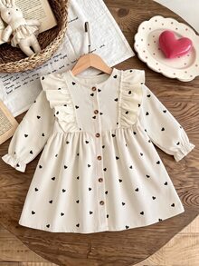 SHEIN Vintaside Kids 女童 4-7歲 心形印花荷葉邊燈芯絨長袖前開鈕扣 A字洋裝 7歲生日秋季仙女風 - 杏色 - 查看 3