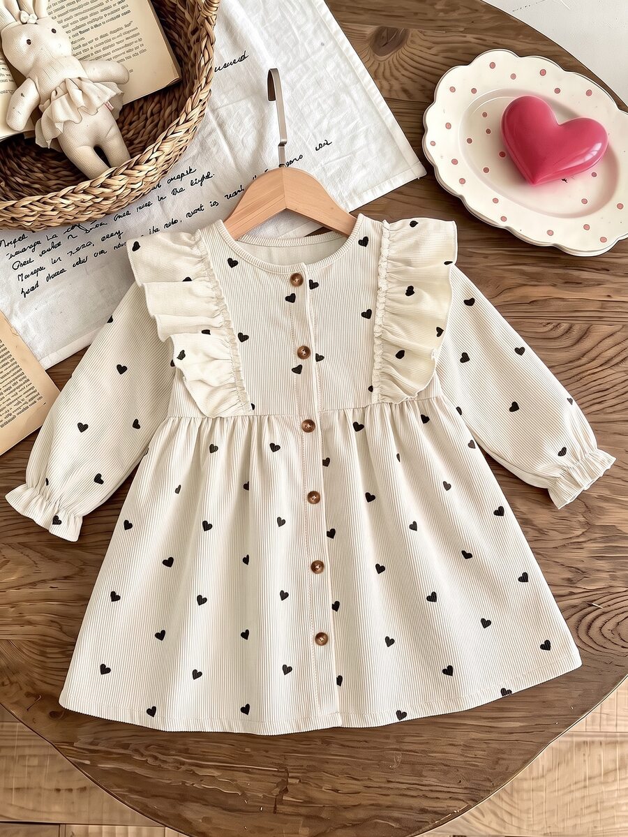 SHEIN Vintaside Kids Young Girl 4-7Y Heart Print Ruffle Trim Corduroy Long Sleeve Button Front A-Line Dress 7th Birthday Autumn Fairy - Apricot - View 1
