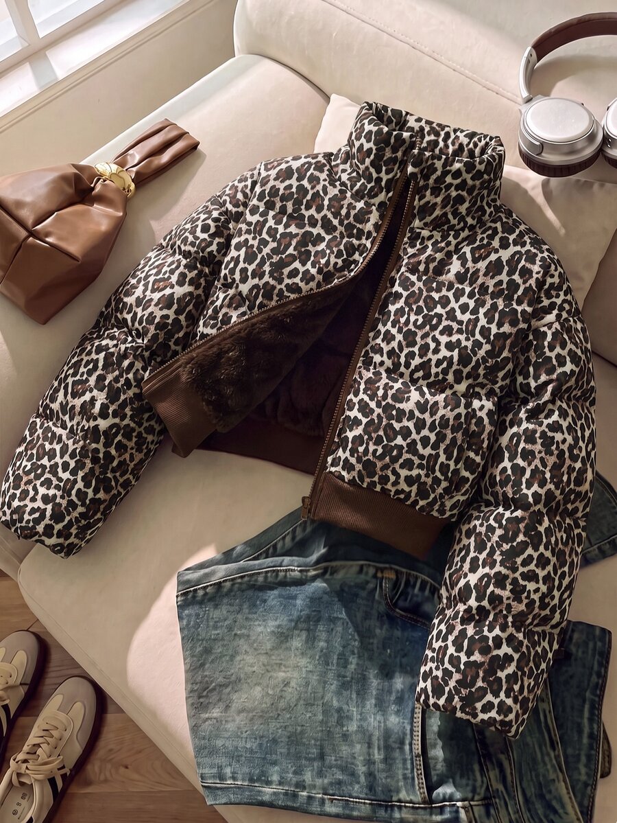 SHEIN Tween Girl Tween Girls Brown Polka Dot Oversized Cropped Stand Collar Puffer Padded Winter Coat - Coffee Brown - View 1