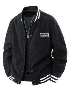 Gym Rark Men's Corduroy Baseball Collar Casual Jacket, Spring/Autumn - Black - View 2
