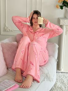 Slumberry CURVE Bộ đồ ngủ size lớn họa tiết nơ Sweet Heart - Hồng - Xem 1