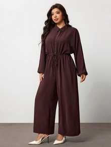 Enliva Plus Size Collared Drawstring Waist Wide Leg Jumpsuit Apple Homewear Going Out Corset Retro - Brown - View 7