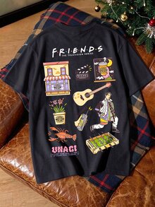 FRIENDS X SHEIN Men's Letter Print Short Sleeve Versatile T-Shirt - Black - View 2