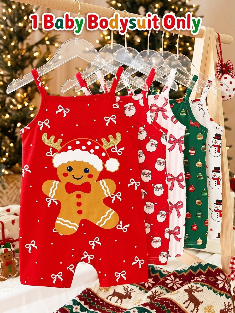 [1 Bộ Romper Bé] Merry Christmas, họa tiết người gừng Noel dễ thương kèm nơ chấm bi, romper dây đeo casual cho bé gái, phù hợp mùa xuân và mùa hè - Nhiều màu - Xem 1