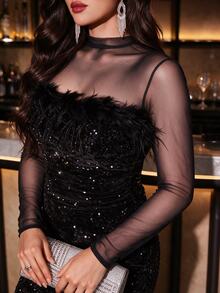 Velvienne Plus Size Elegant Sequin Bodycon Dress For Women - Black - View 5