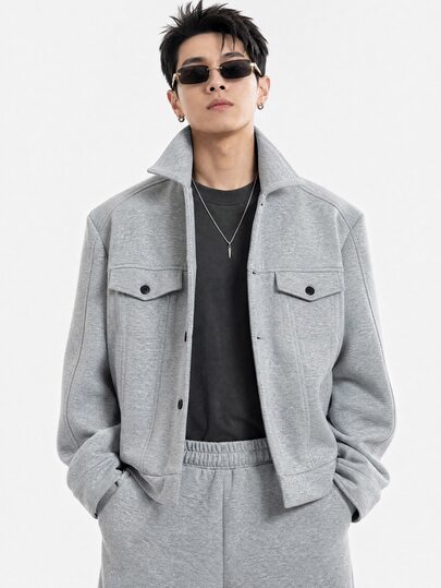 DAZY Autumn/Winter Thermal Lined Grey Button Front Elastic Waist Men's Jacket Set