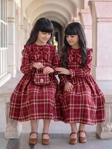 SHEIN Tween Girls Long Sleeve Tween Girl Plaid Cinched Waist Bow Exaggerated Collar Long Dress Autumn/Winter - Burgundy - View 4