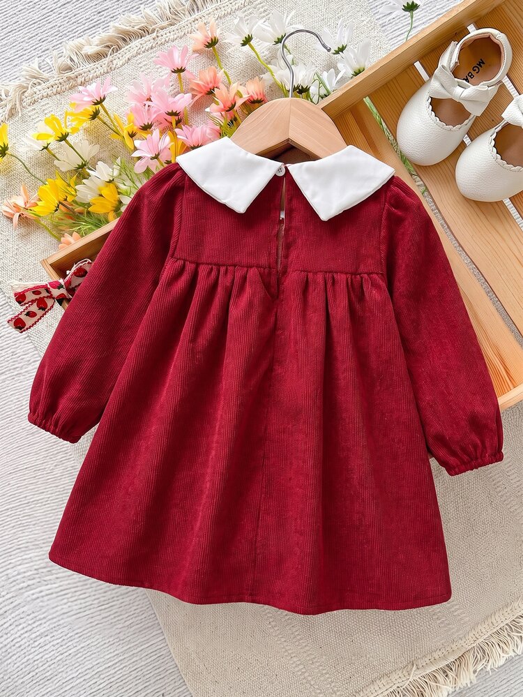 SHEIN Baby Girl This Cute And Casual Long-Sleeved Autumn Dress For Girls Features An Apricot Plaid Pattern And Is With Bow And Floral ; It Offers A Loose, Com - Red - View 2