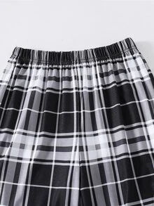 SHEIN 青少年男孩純色圓領上衣與格紋長褲居家休閒套裝 - 彩色 - 查看 6