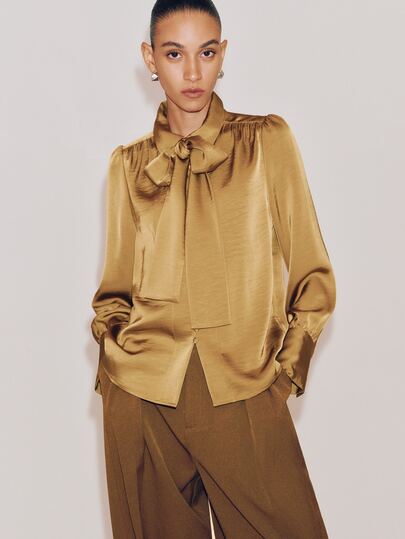 Anewsta Essential New Autumn Luxury Satin Ribbon Lapel Long Sleeve Blouse For Women, Commuter Elegant Puff Sleeve Button-Up Top, Suitable For Daily Commute, Business Meetings, Dates, Banquets, Formal Occasions Innerwear