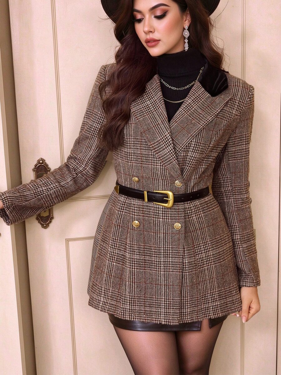 GlowEve CURVE Plus Size Women's Autumn/Winter Vintage Tweed Lapel Open Front Double-Breasted Commuter Minimalist Fashion Elegant Long Sleeve Overcoat Jacket - Brown - View 1