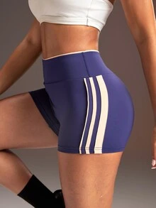 Powerista Women's Navy Blue & Beige Colorblock Fitted Sports Shorts - Navy Blue - View 1