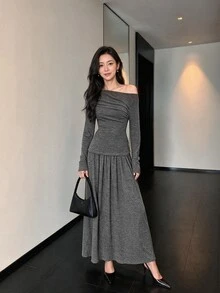 Yumoku Women's Solid Color Asymmetric Shoulder Long Sleeve T-Shirt And Skirt Casual 2 Pieces Set - Dark Grey - View 6