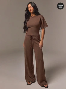 Athîral Women's Casual Brown Short Sleeve Knit Top And Long Pants 2 Pieces Set, Suitable For Spring/Summer, Commuting, Outings, Vacation - Brown - View 1