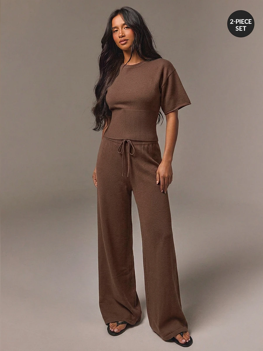 Athîral Women's Casual Brown Short Sleeve Knit Top And Long Pants 2 Pieces Set, Suitable For Spring/Summer, Commuting, Outings, Vacation - Brown - View 1