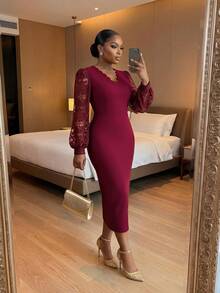 SHEIN Lady CURVE Plus Size Elegant Lace Evening Dress - Burgundy - View 5