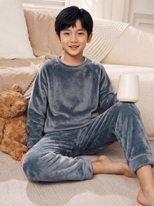 SHEIN 青少年男孩純色兒童插肩袖長袖上衣與長褲家居服 - 灰色 - 查看 6