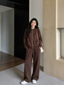 Yumoku Women's Solid Color Long Sleeve Zip-Up Hoodie And Pants Casual 2 Pieces Set - Coffee Brown - View 4