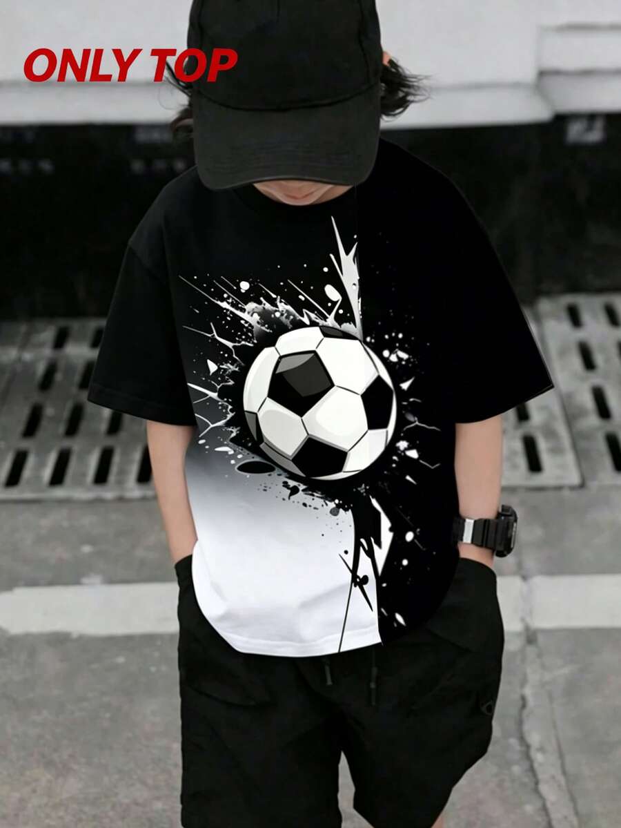 青少年男孩漸層拼色足球潑墨圖案短袖T恤,運動休閒日常穿著 - 彩色 - 查看 1