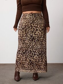 Enliva Plus Size Stretch Mesh Leopard Print Maxi Skirt For Hourglass Body - Brown - View 5