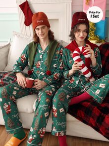Chillnights 男士聖誕老人印花翻領休閒家居服套裝 - 綠色 - 查看 3