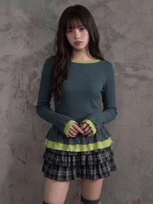 FRIFUL Women's Color Block Ruffle Hem Casual T-Shirt For Middle-Aged And Elderly - Dark Grey - View 3