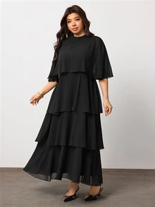 Enliva Plus Size Black Tiered Maxi Dress With Sheer Cape Sleeves For Pear Body - Black - View 4