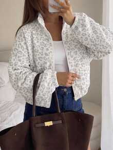 Easowa Curve Fashionable Leopard Print Women's Zip-Up Elastic Long Sleeve Casual Hooded Sweatshirt Jacket, Autumn/Winter - Multicolor - View 3