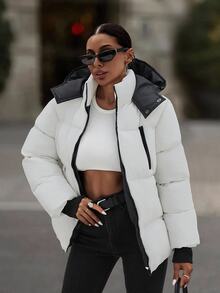 SHEIN جاكيت منفوخ مبطن بالريش للنساء بتصميم كاجوال مع بطانية رأس وسحاب وتفاصيل أساور مضلعة متباينة الألوان - أبيض - مشاهدة 4