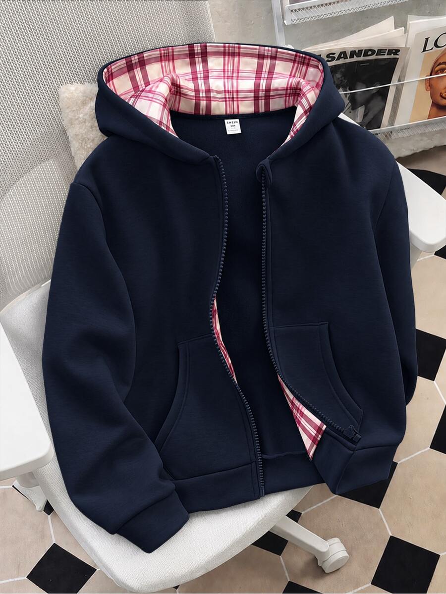 SHEIN 青少年女孩純色蝴蝶結裝飾袖子抓絨內裡運動衫外套 返校風格 秋冬校外穿搭 粉色法蘭絨 可愛西式 - 藏蓝色 - 查看 1