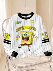 SpongeBob SquarePants | SHEIN Women's Cartoon Pattern Print Striped Long Sleeve Sweatshirt - White - View 1